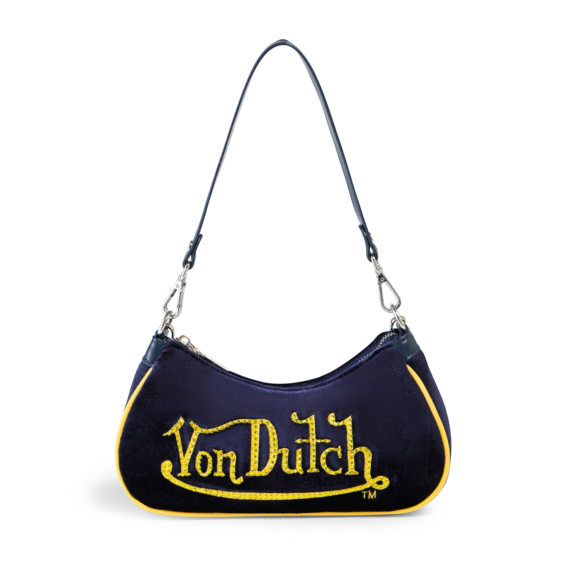 Von Dutch Blue & Yellow Rhinestone Velvet Shoulder Bag