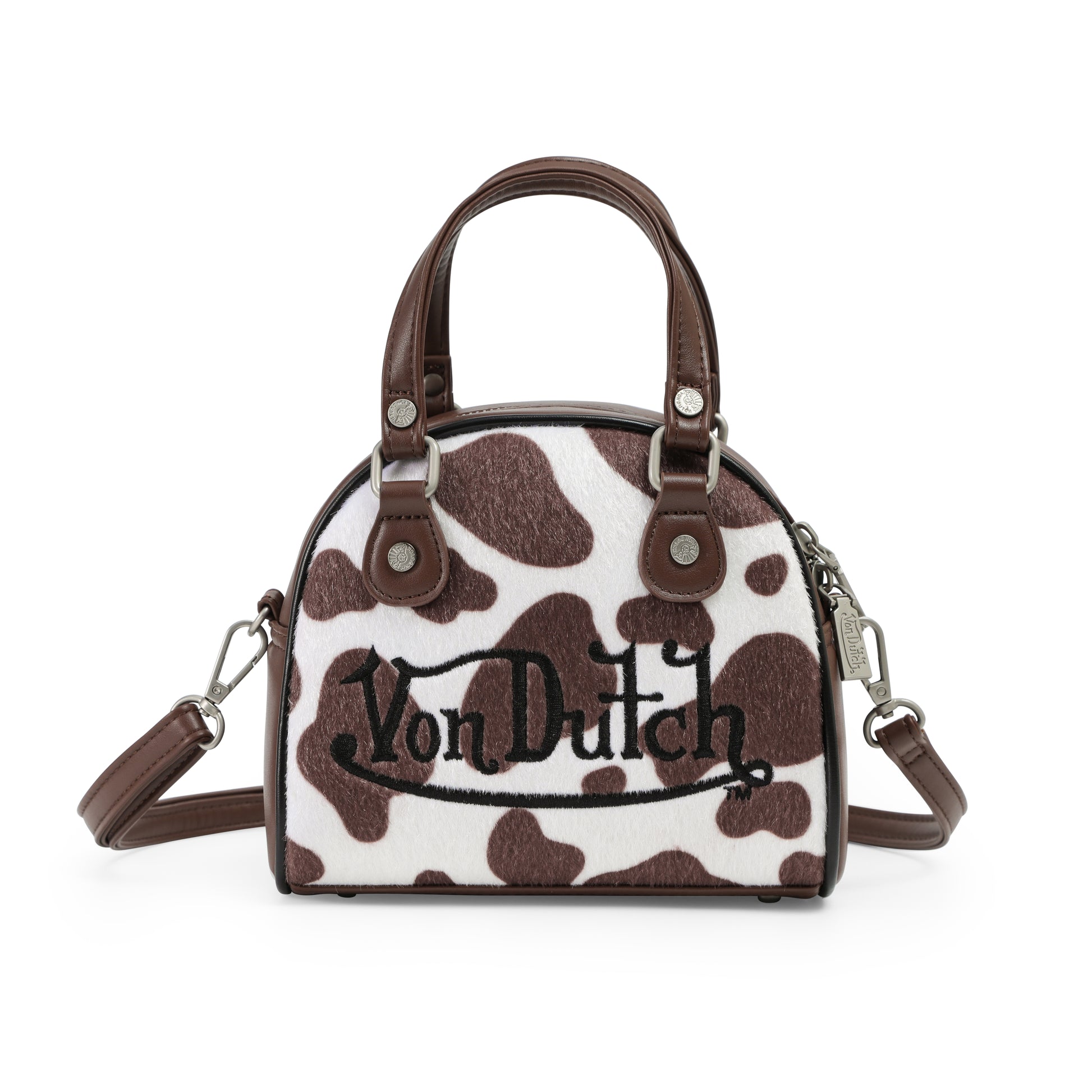 Brown & White Cow Print Vegan Pony Hair Bowling Bag