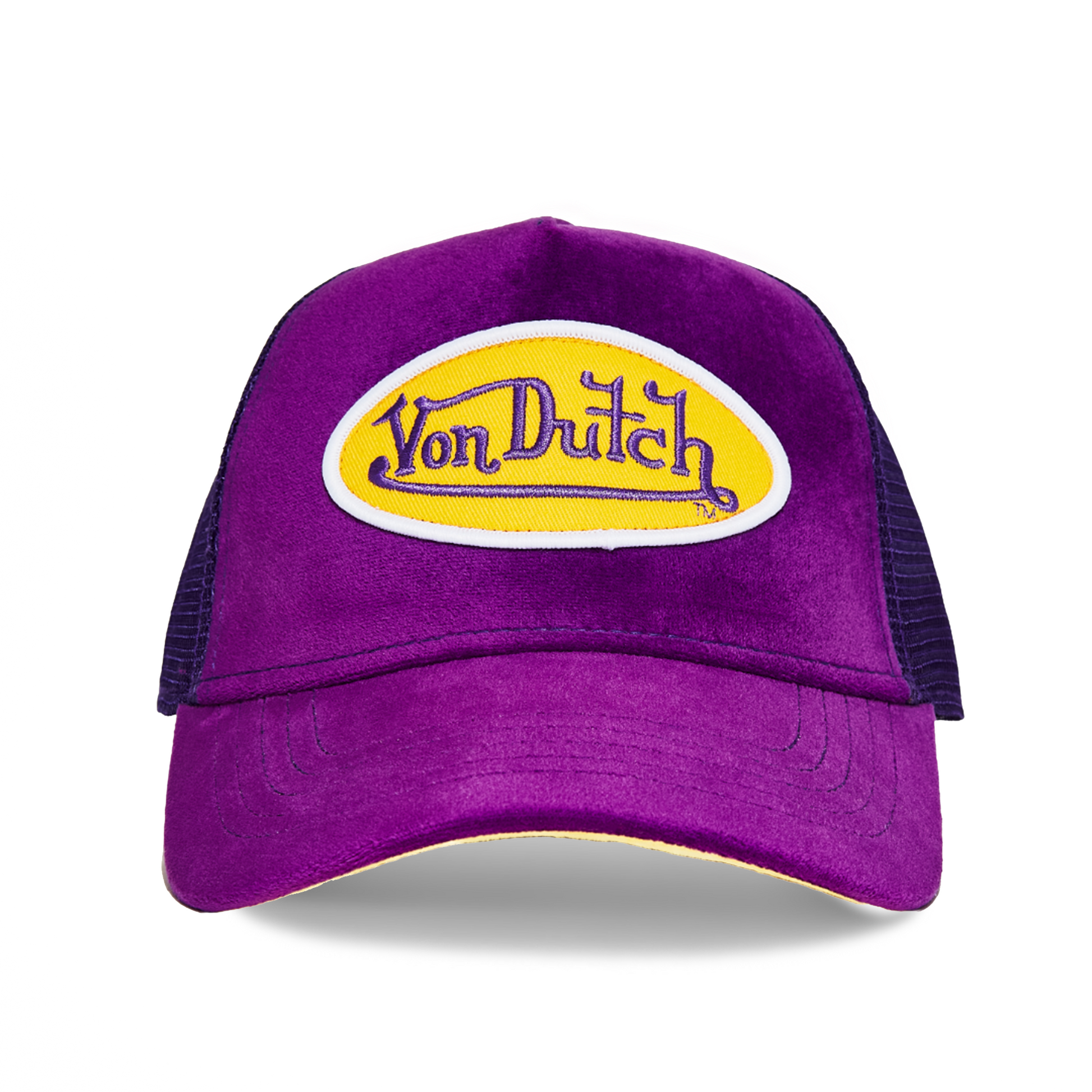 PURPLE & YELLOW VELVET TRUCKER HAT