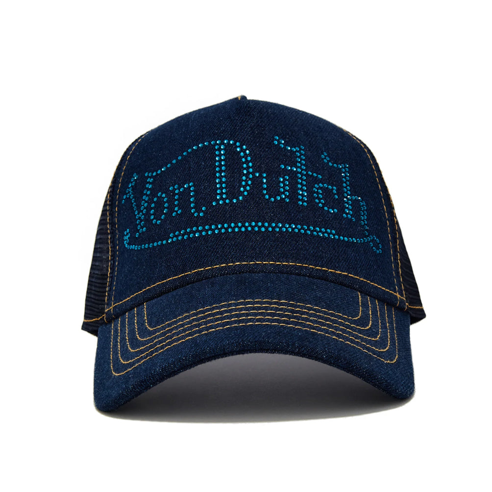 NAVY RHINESTONE LOGO DENIM TRUCKER HAT