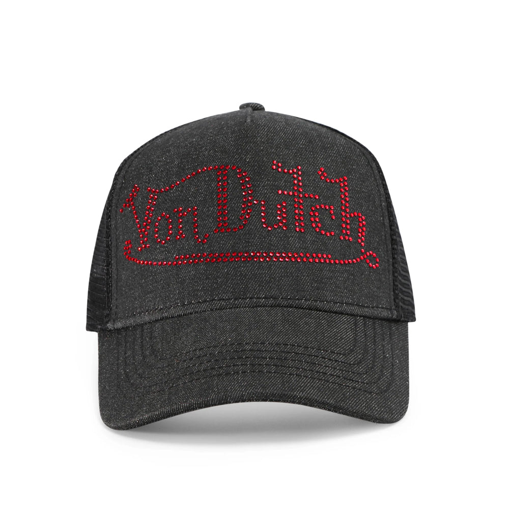 RHINESTONE TRUCKER HAT - BLACK WITH RED RHINESTONES