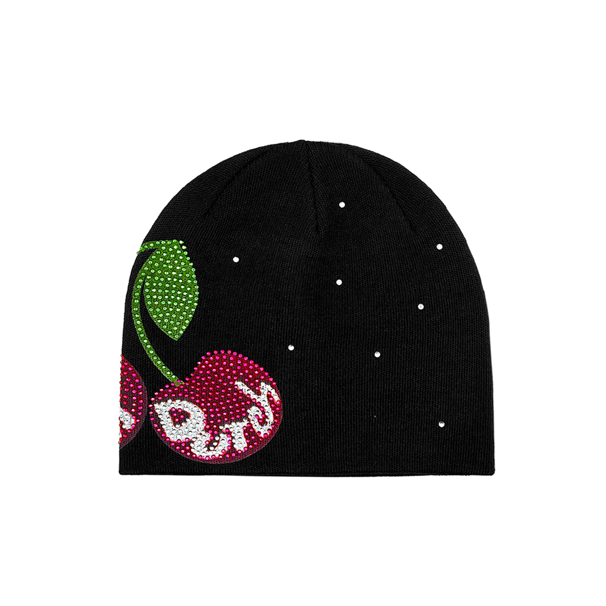 RHINESTONE CHERRY BEANIE - BLACK