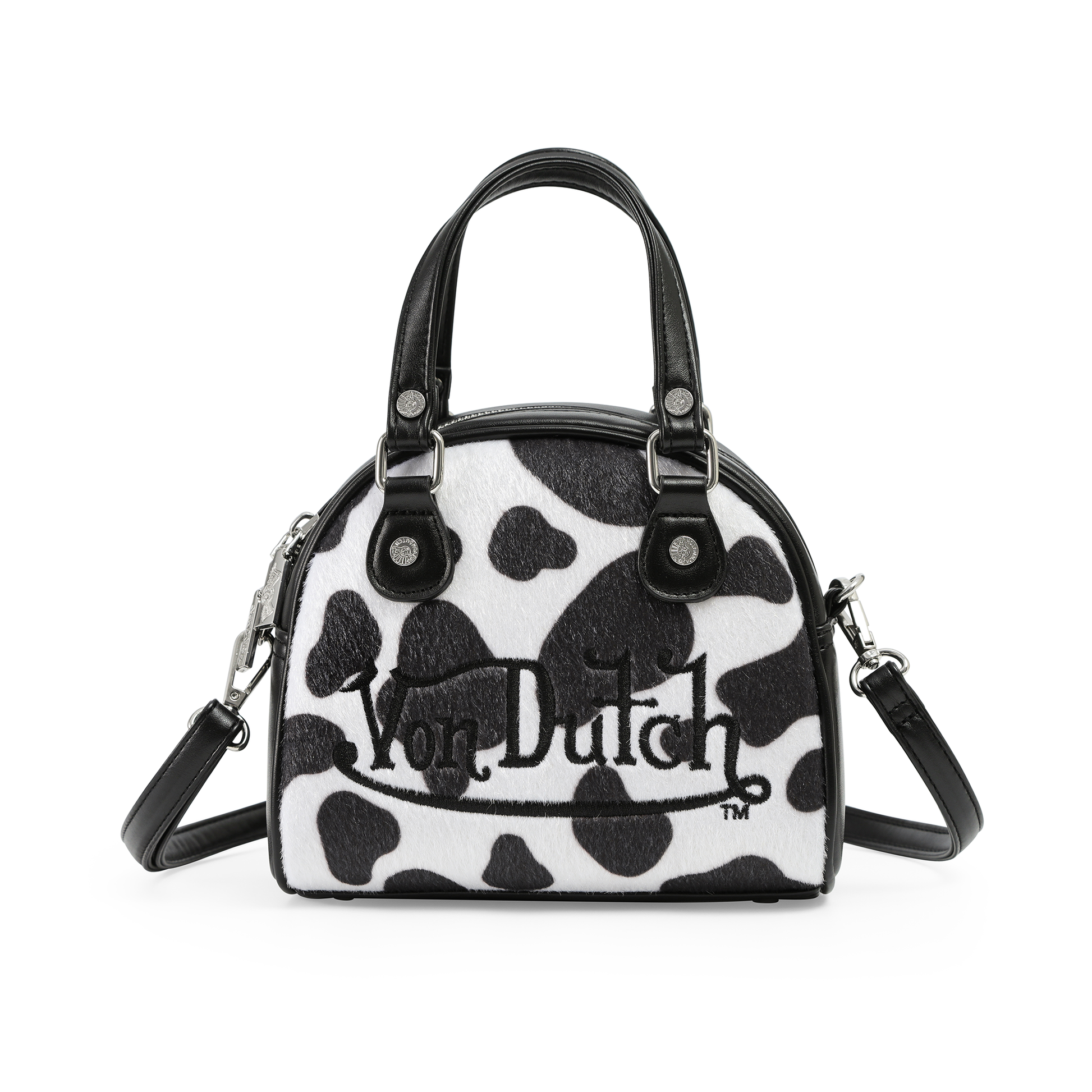 BLACK & WHITE COW PRINT VEGAN PONY HAIR BOWLING BAG
