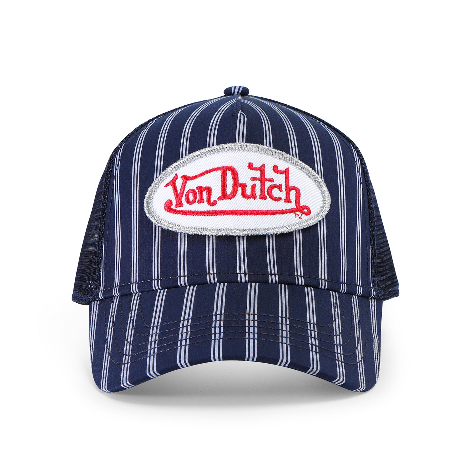 NAVY & WHITE STRIPE TRUCKER HAT